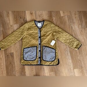 Quilted Puffer Jacket with Striped Pocket Trim - Mustard
